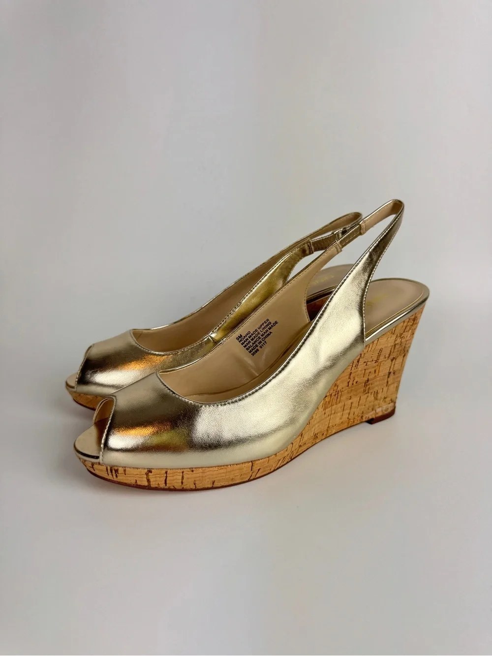Nine West Gold Metallic Cork Wedge Slingback Peep-Toe Sandals